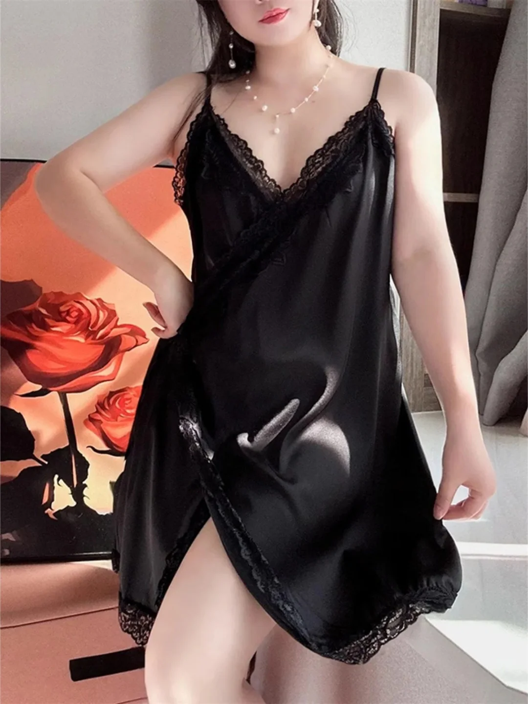 

Spicy Girl Style Lace Trim V-neck Strap Sleep Dress plus Size Home Clothes Women's One-piece Summer Thin Material Sleeveless