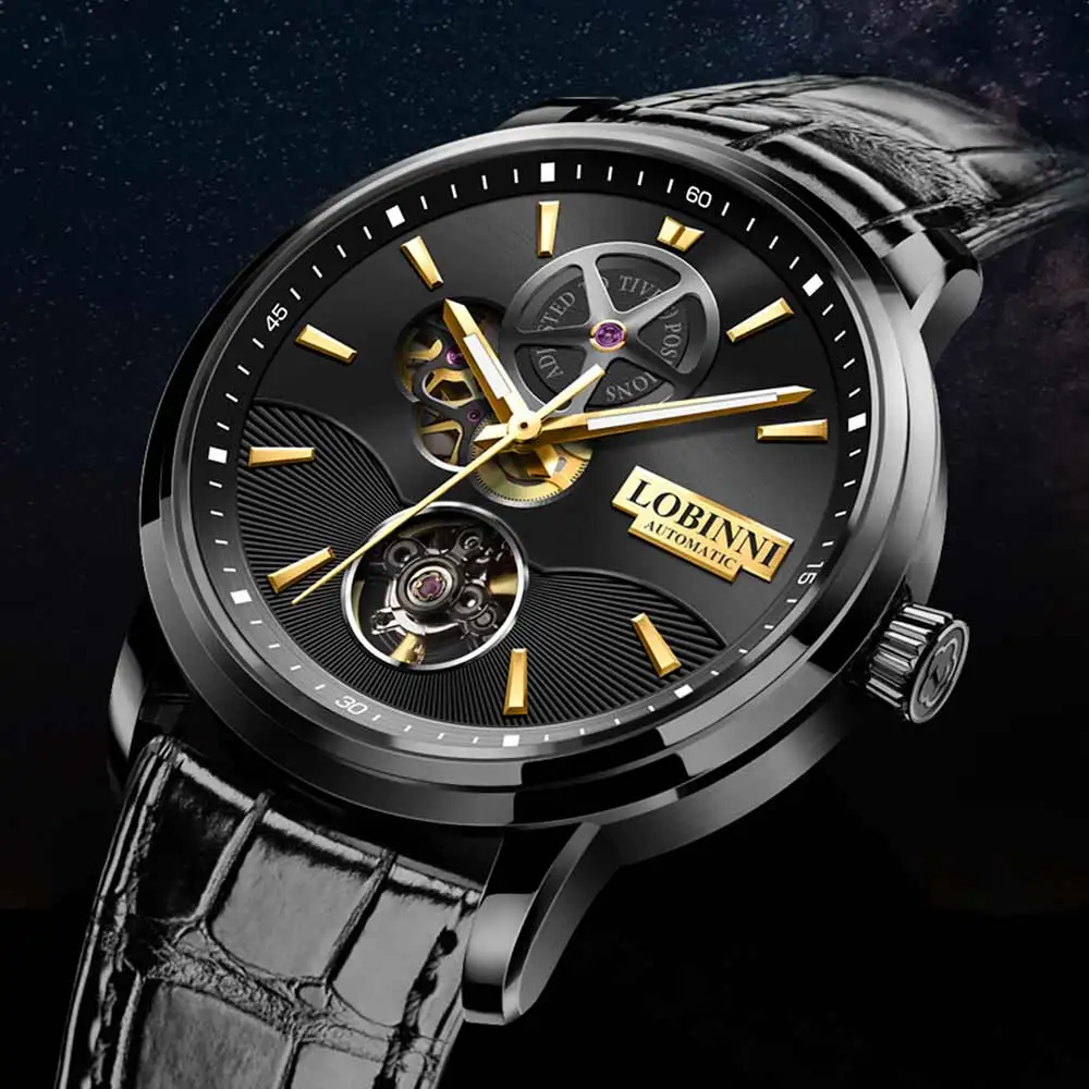 LOBINNI Hollow Out Dial Men's Leisure Classic Watch Mechanical Movement Water-resistant Luminous Automatic Watches 42mm