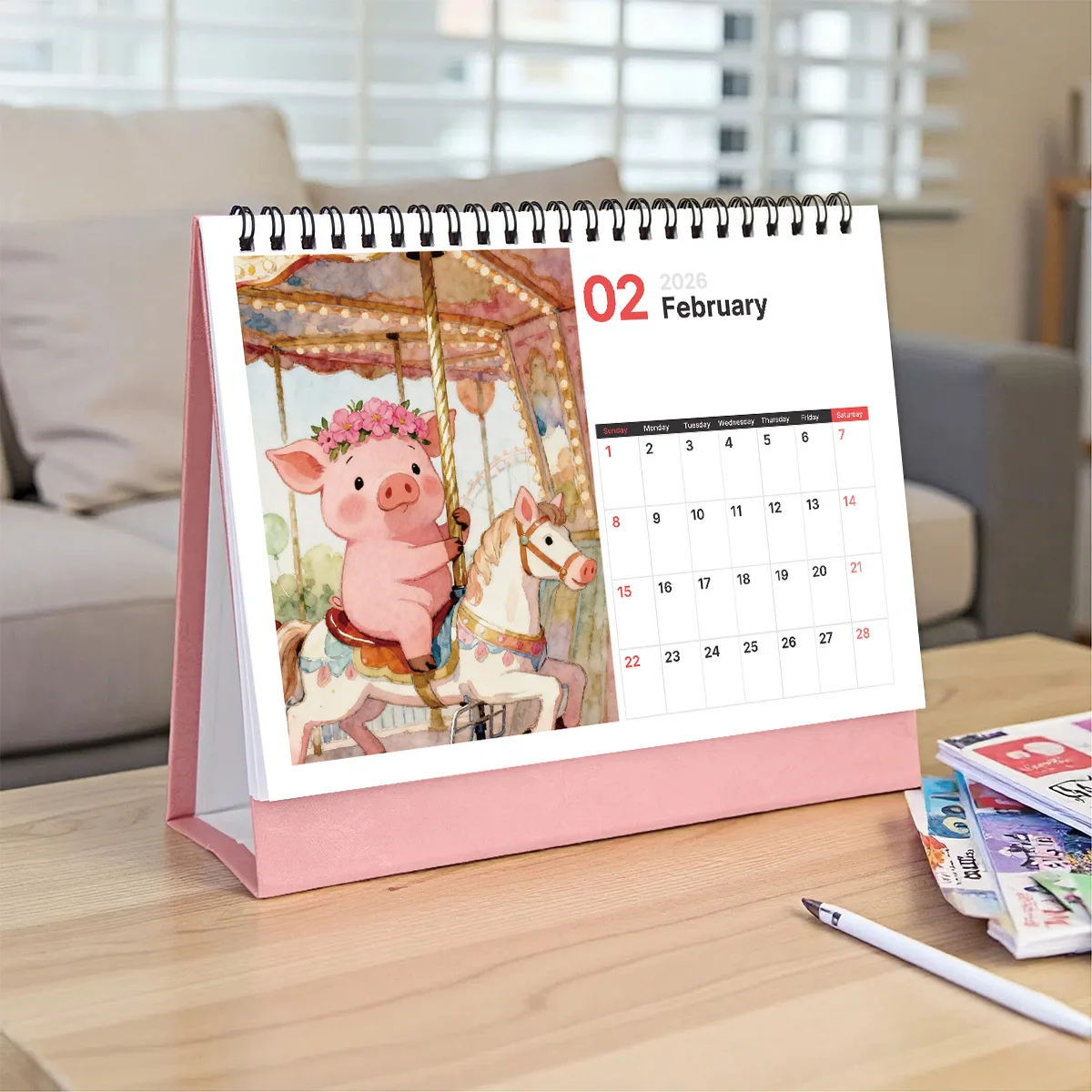1PC Cute Watercolor Pig-Themed Desktop Calendar for Home & Office Use Suitable for Animal Lovers Ideal 2026 New Year Present