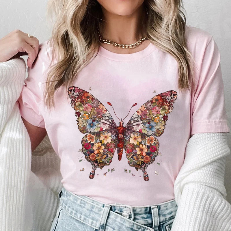 Butterfly Floral Print Women Tees Shirt Harajuku Ulzzang Streetwear Funny T-Shirts Cartoon Graphic Y2k Tops Aesthetic Clothing