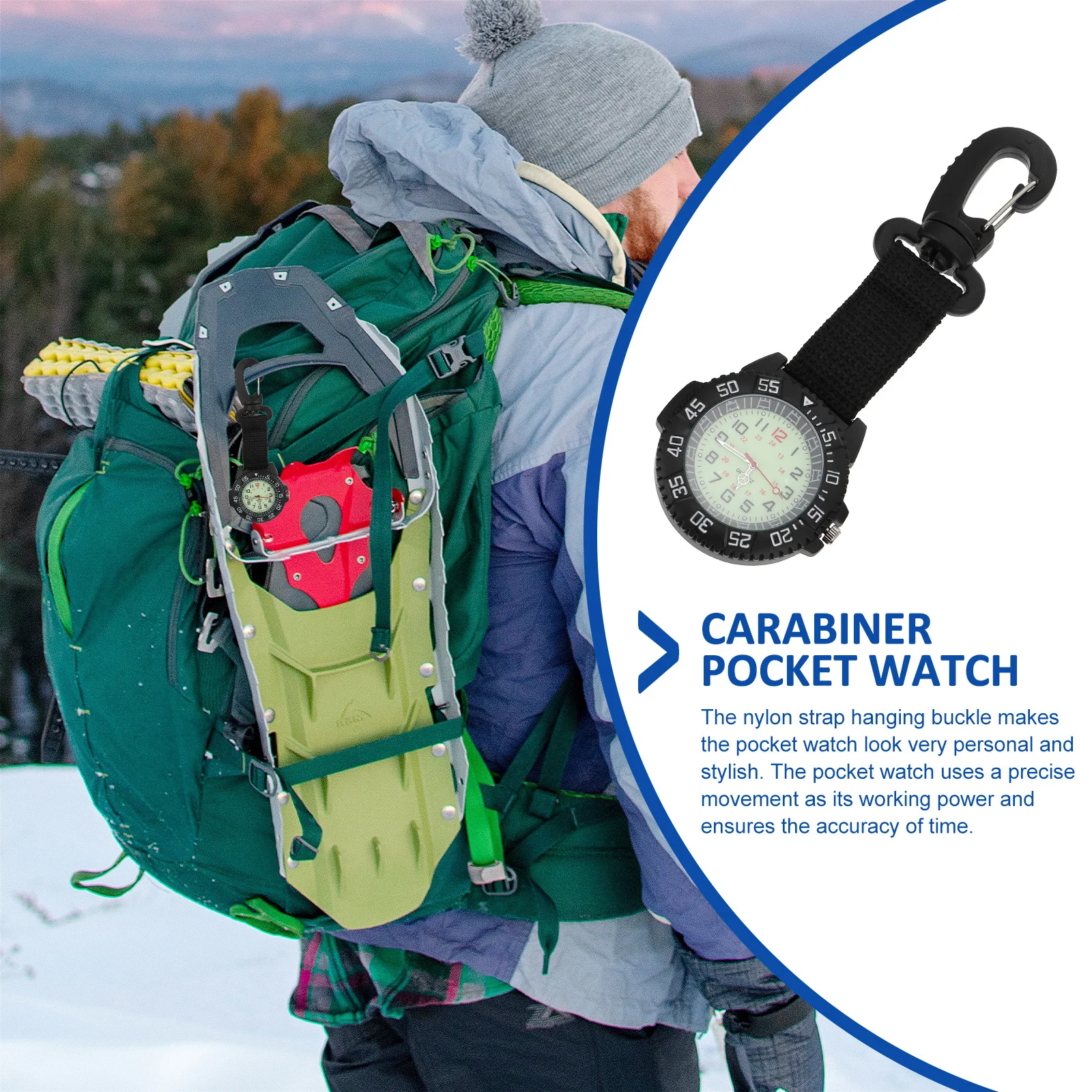 

Outdoor Mountaineering Hanging Watch Nylon Strap Carabiner Durable Clip Backpacker Pocket Watch Hiking Climbing