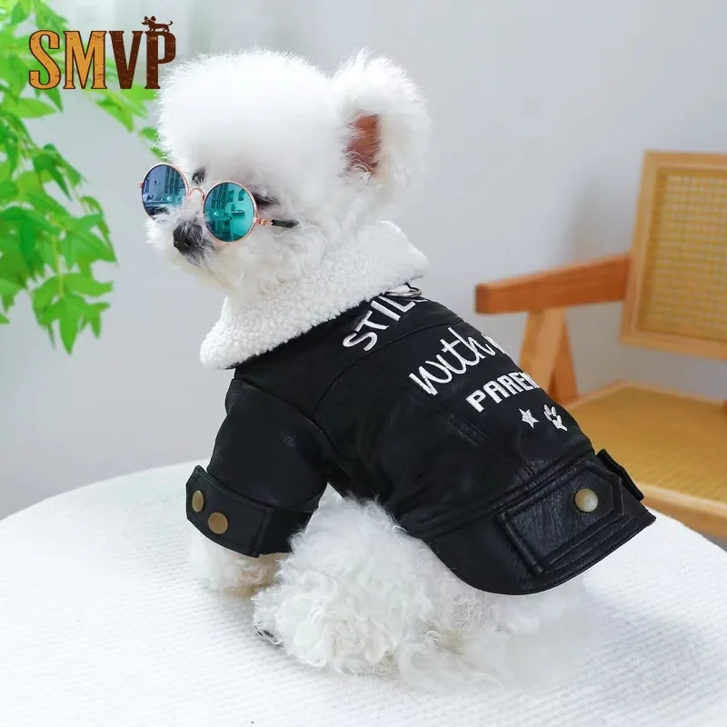 Winter Fleece Lined Pet Leather Jacket Cool Letter Print Puppy Coat Warm Thick Dog Outfit D-ring Fashion Pet Apparel for Pets