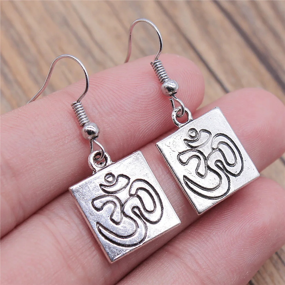 Fashion Handmade Simple Design Antique Silver Color Double Sided Om Pendant Earrings Drop Earrings