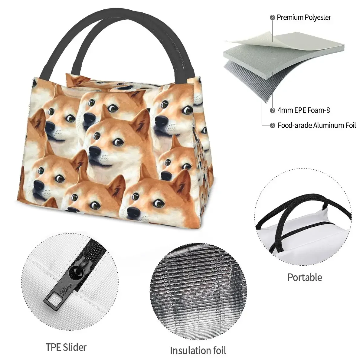 Doge Shiba Inu Memes Lunchtaschen, isolierte Bento-Box, tragbare Lunchtasche, Picknicktaschen, Kühler, Thermotasche für Damen, Studenten, Schule