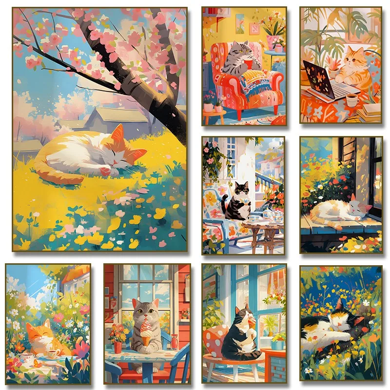 Tier Weiße Katzen Essen Eis Blume Schlafen Getränk Kaffee Poster Leinwand Malerei Wand Kunstdruck Bilder Wohnkultur Cuadros