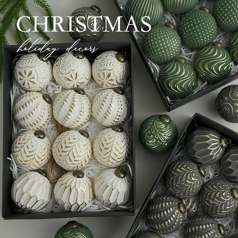 8cm 12pcs  Christmas Tree Ball Pendant Shatterproof Retro Christmas Hanging Balls Reusable Elegant Xmas Tree Ornaments
