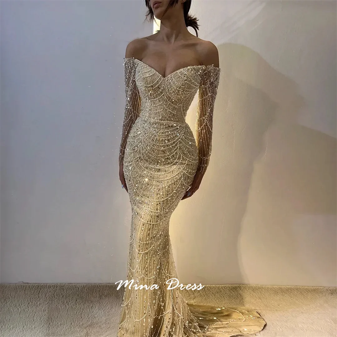 

Mina Customized Beads Evening Dress Luxury Elegant Womens Party Dresses for Special Occasions Sequins. Long Sleeves Backless