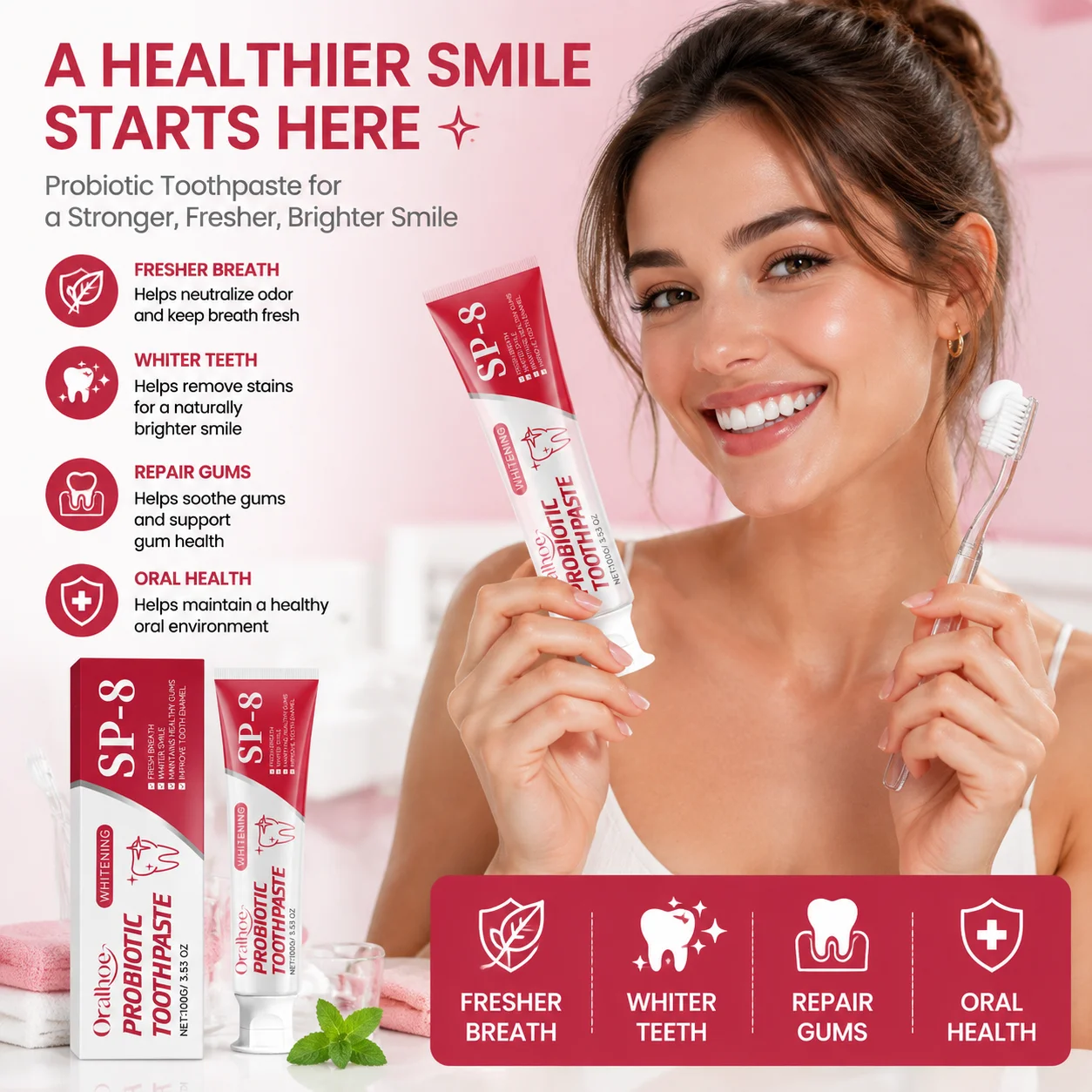 Oralhoe Probiotic Toothpaste Sp 8 Fresh Breath Gum Care Enamel Repair Cavity Prevention Whitening Hydroxyapatite Toothpaste 100g