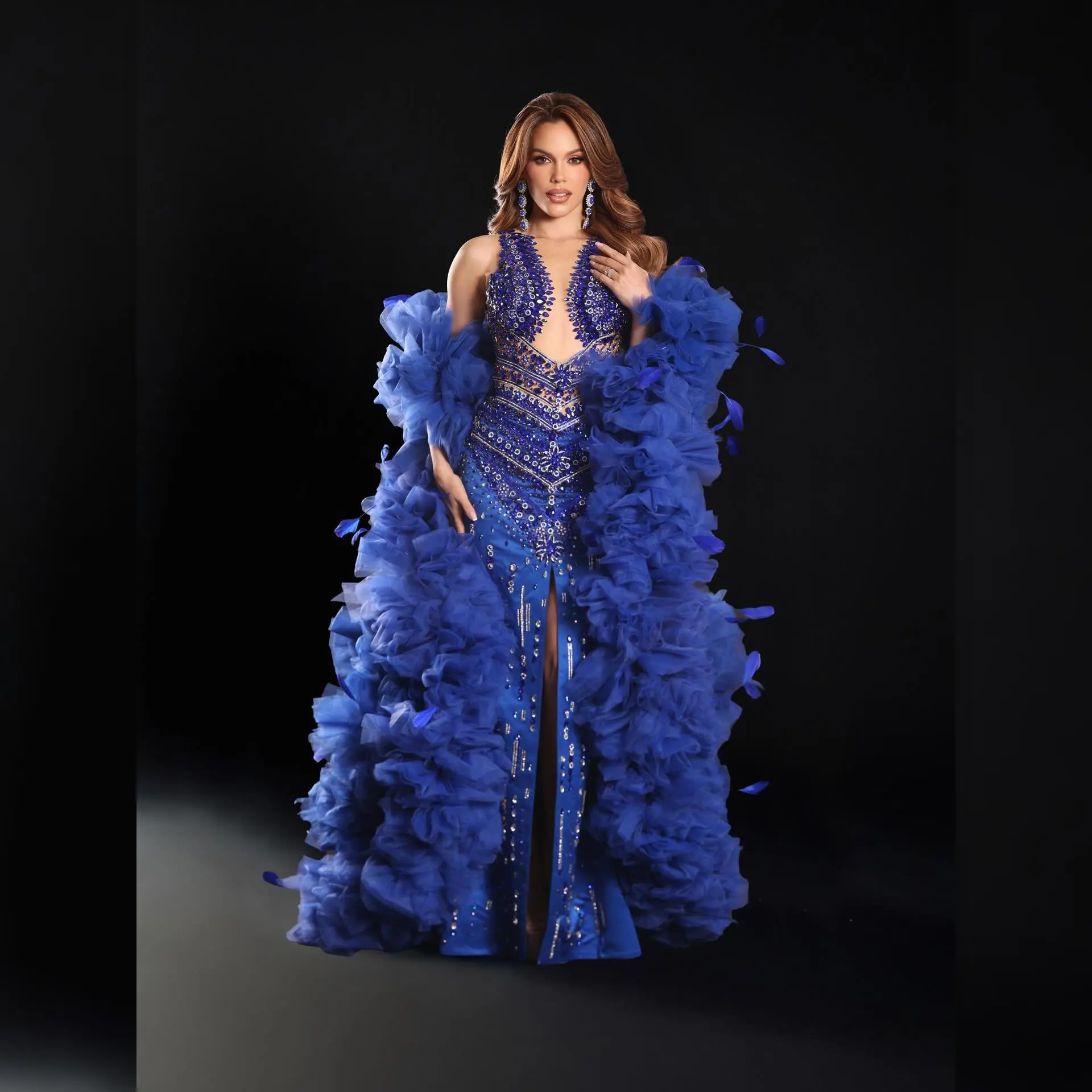 

Luxury Royal Blue Tulle Jacket for Women - Layered Ruffled Organza Cape, Long Evening Wear Cover‑Up for Prom, Wedding, Pageant