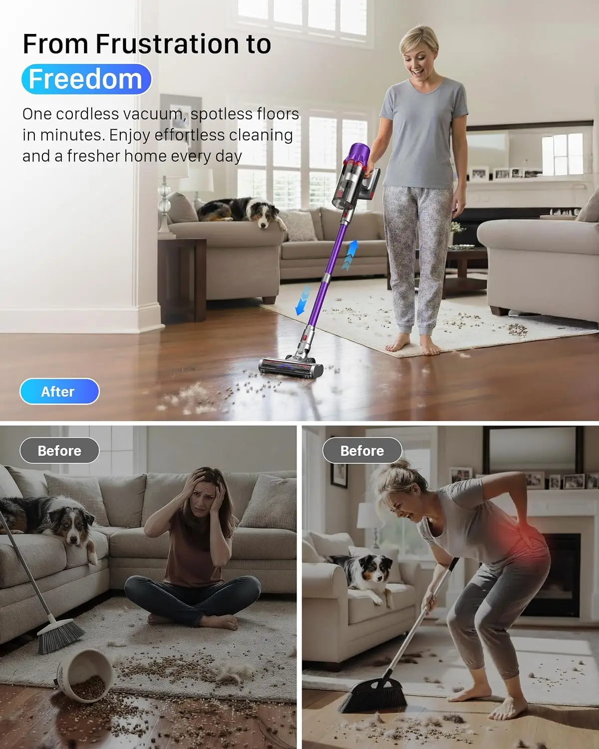 Cordless Stick Vacuum Cleaner for Home, Powerful Lightweight Vacuum with HEPA Filter, 55-Minute Runtime, LED Light, Anti-Tangle Brush, Detachable Battery for Pet Hair, Carpets and Hard Floors
