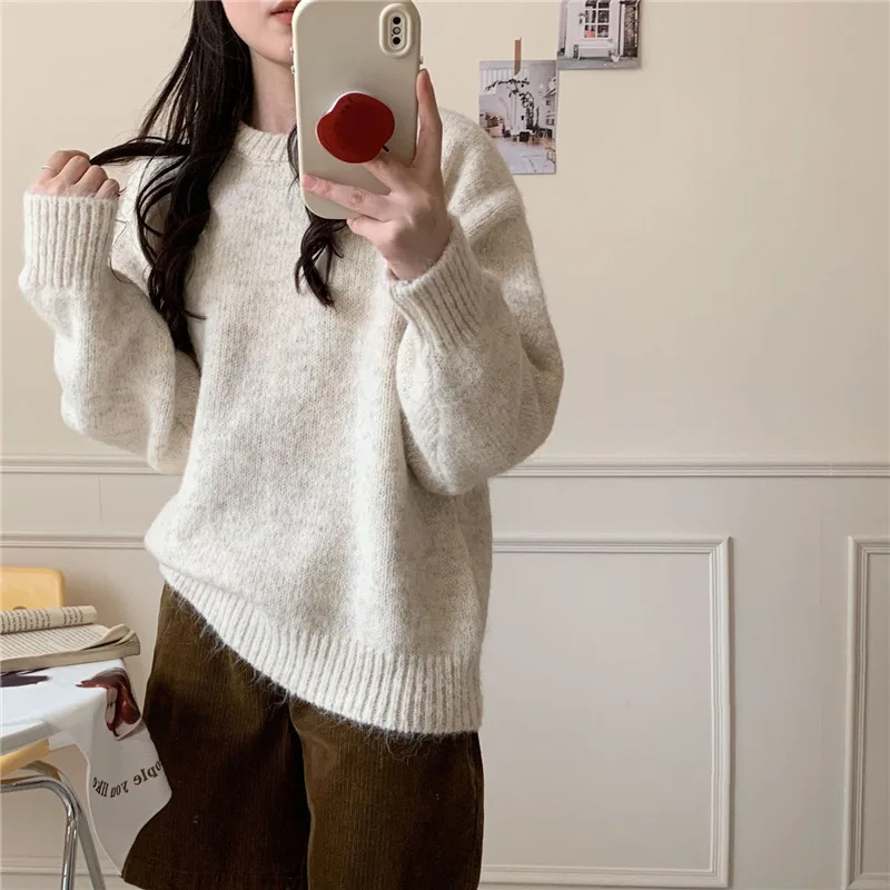 

Women's Loose Knittedwear Autumn Winter New Style Korean Sweet Style Candy Colored Soft round Neck Pullover Sweater