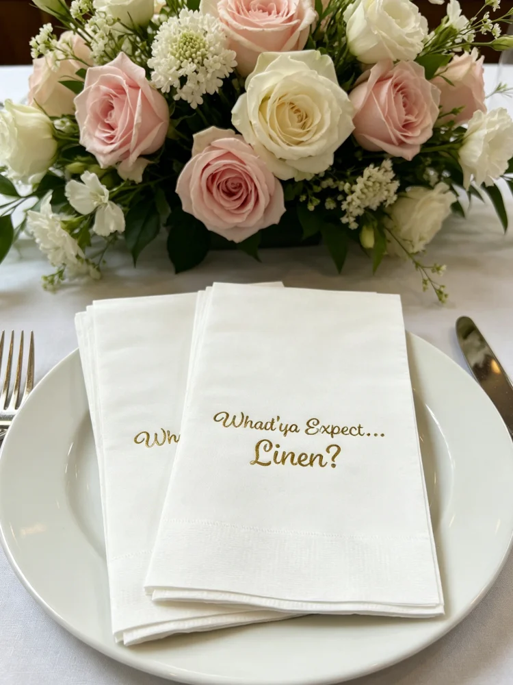

Personalized Disposable Paper Hand Guest Towels for Bathroom, Custom Printed "Whad'ya Expect Linen" Decorative Napkins