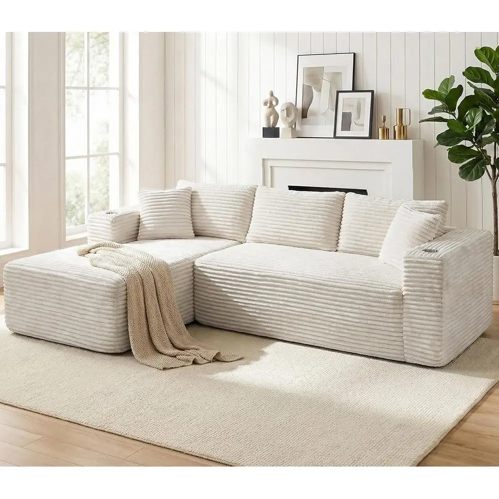 

103" BonelSectional Couches or Living Room, L-Shaped Chaise ular Cloud Couch with Cup Holders on Armrests, Plush Corduroy Comy S