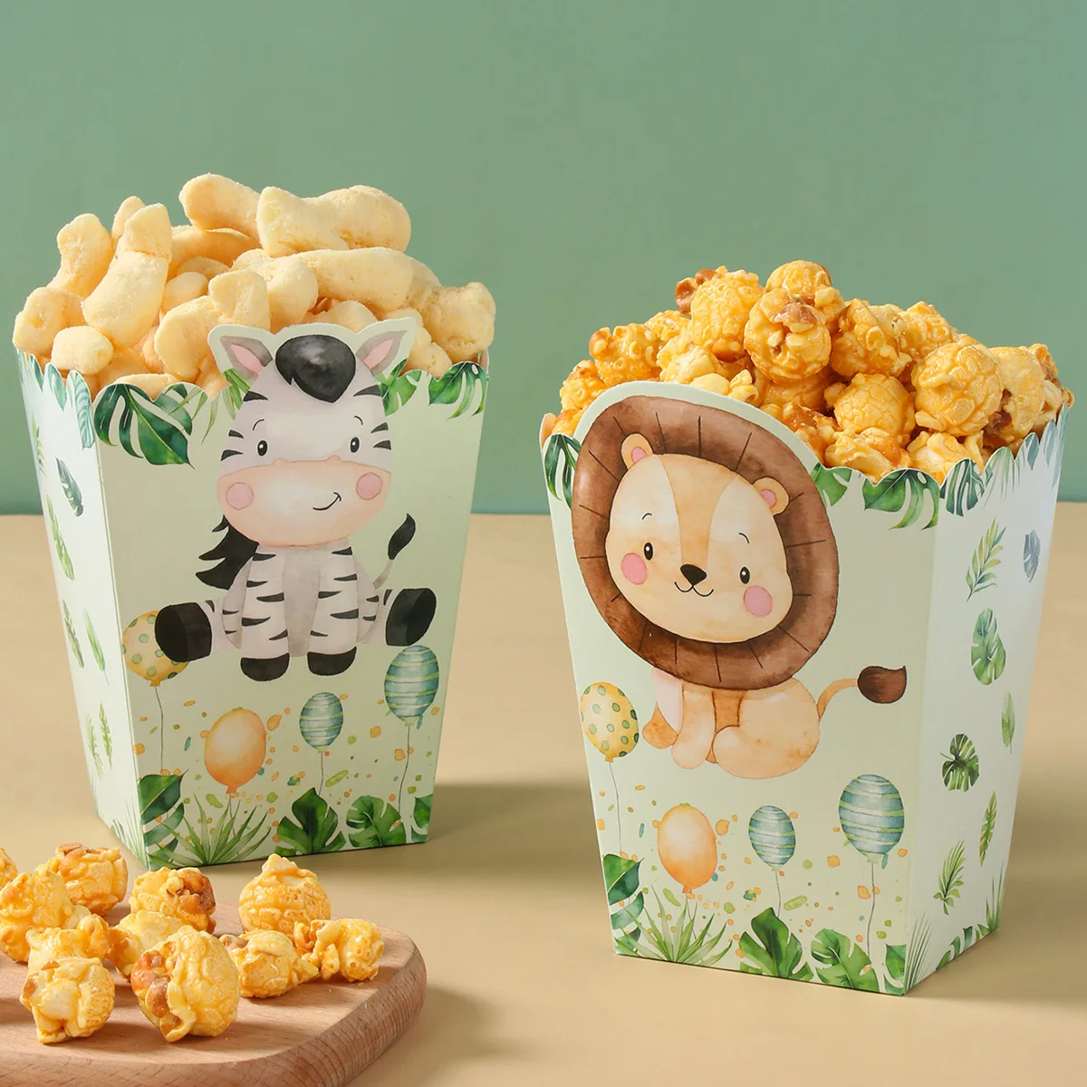 Cajas de palomitas de maíz de dinosaurio y animales de la selva, cajas de golosinas de zoológico, suministros de papel para fiesta de cumpleaños, decoraciones nocturnas de película para Baby Shower