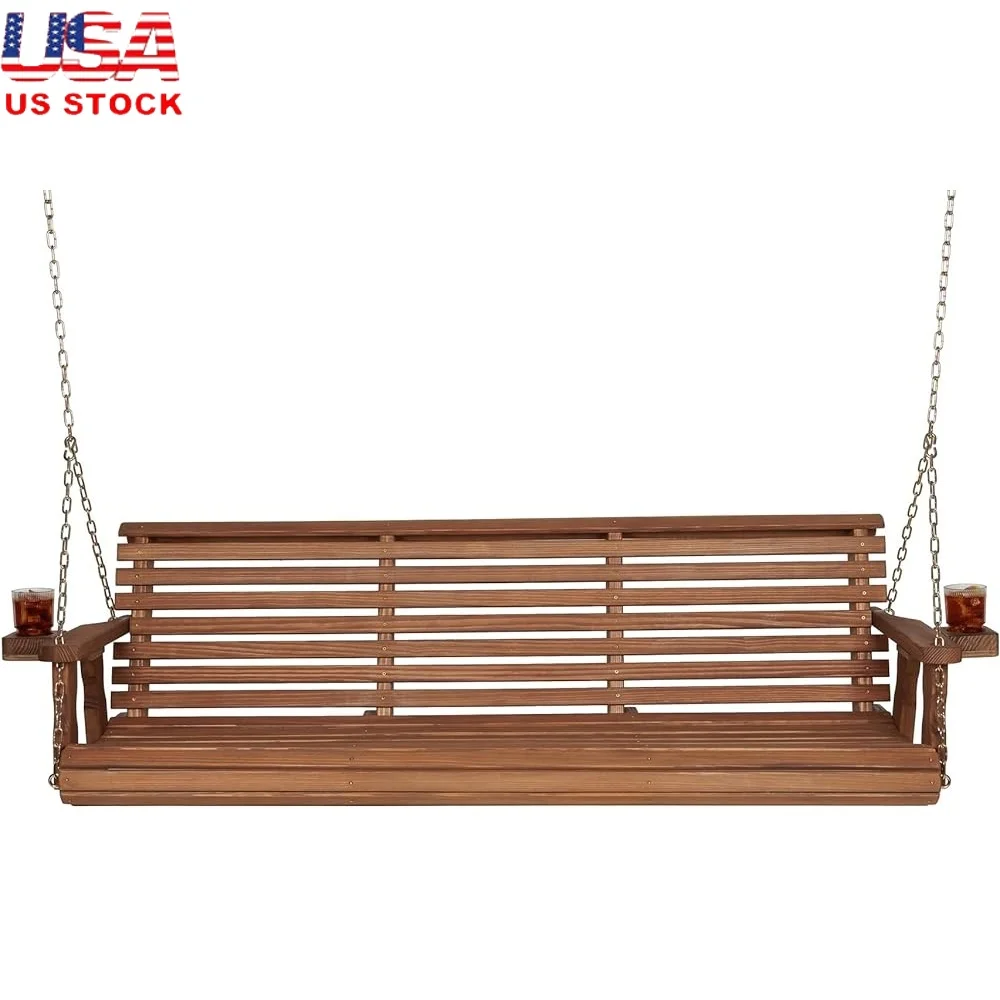 

Heavy Duty 6ft Roll Back Porch Swing with Cup Holders Handcrafted Pine Wood Comfortable Outdoor Seating 700 lb Capacity