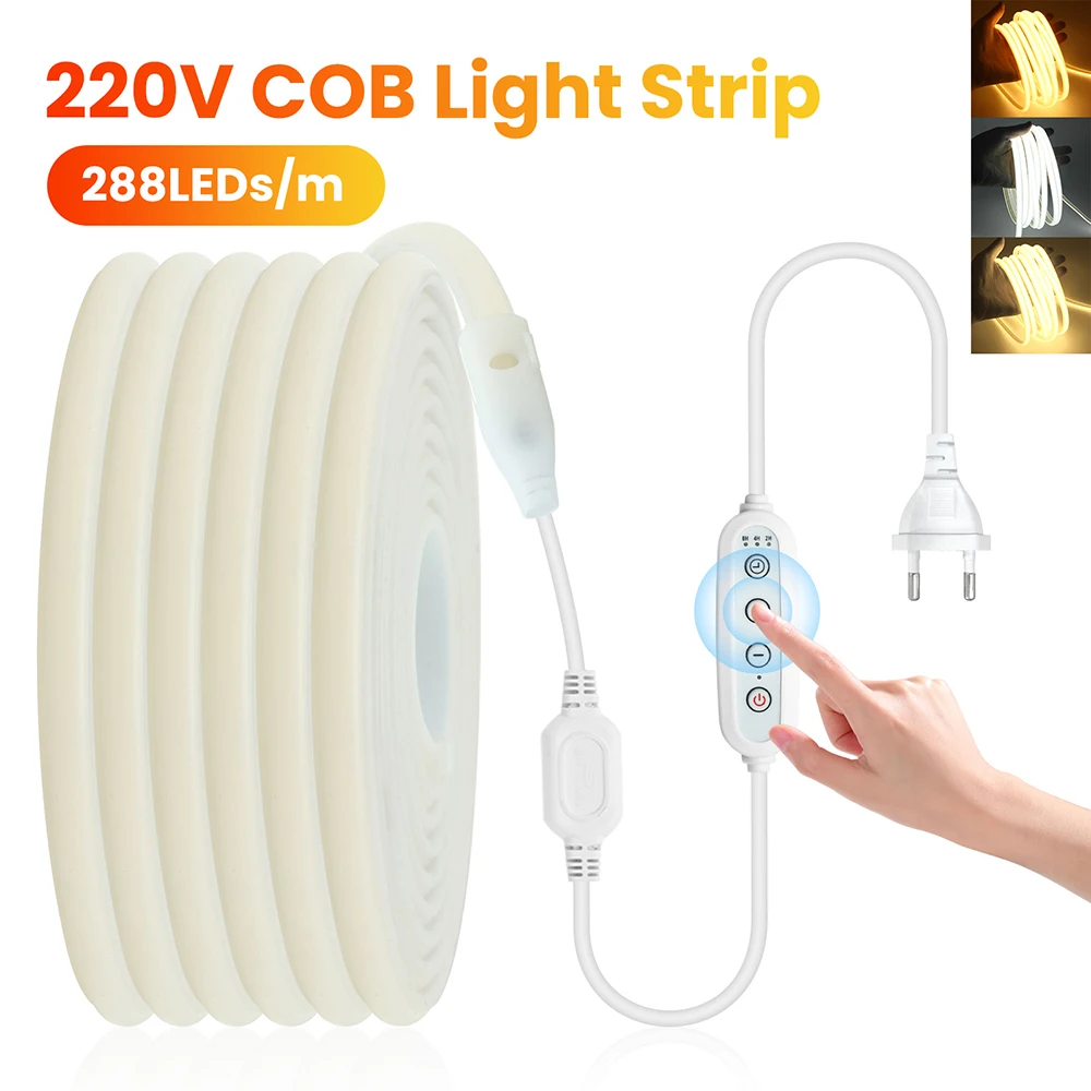 Dimmable COB LED Strip Light 4Key Dimmer Power Kit 288 LEDs Flex Lmap White/Blue/Red/Pink/Yellow/Purple/Green AC 220V EU Plug