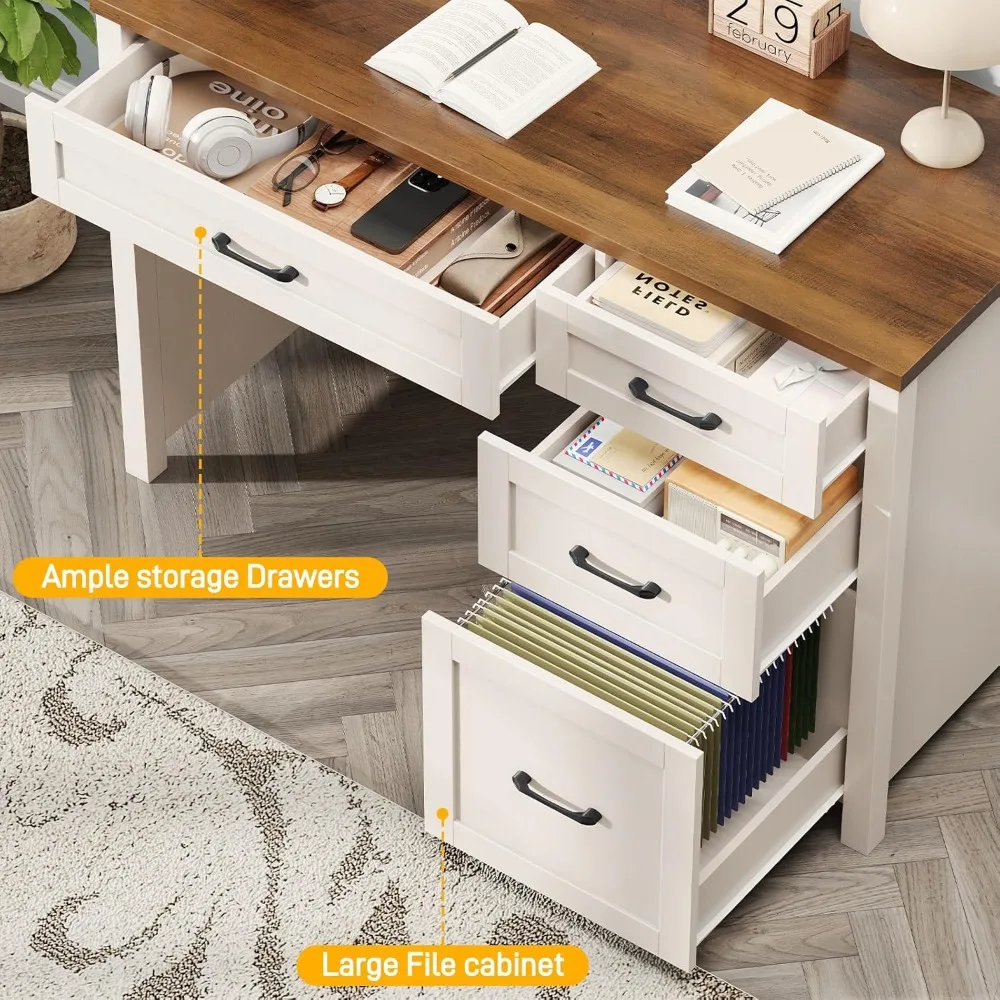 Farmhouse 47" Executive Desk, Computer Desk with File Drawer and Charging Station, Workstation for Home Office, Study.Unique