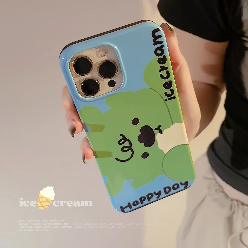 Retro Cute green puppy Qinglong ice cream art Phone Case For iPhone 15 14 13 12 11 Pro Max 14 15 Plus Case luxury cartoon Cover