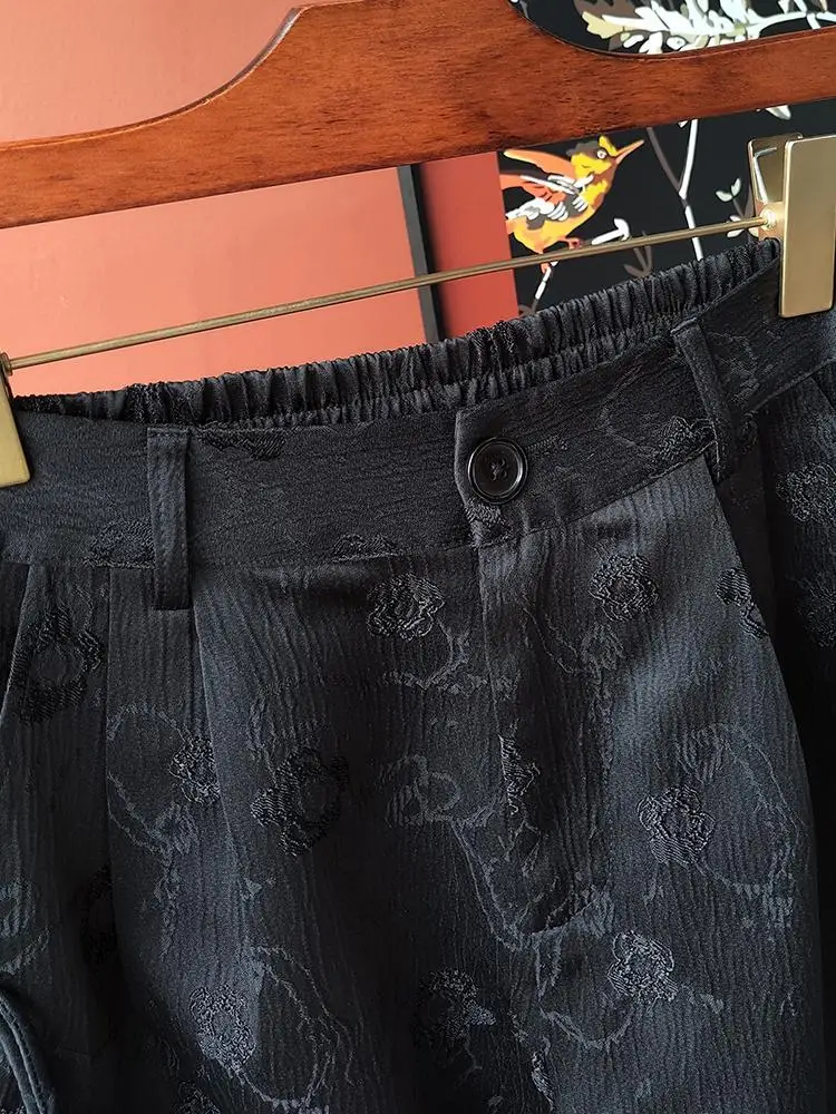 Zwart Vintage 3D Reliëf Jacquard Casual Vrouwen Zomer Nieuwe Chinese Stijl Hoge Taille Wijde Pijpen Shorts