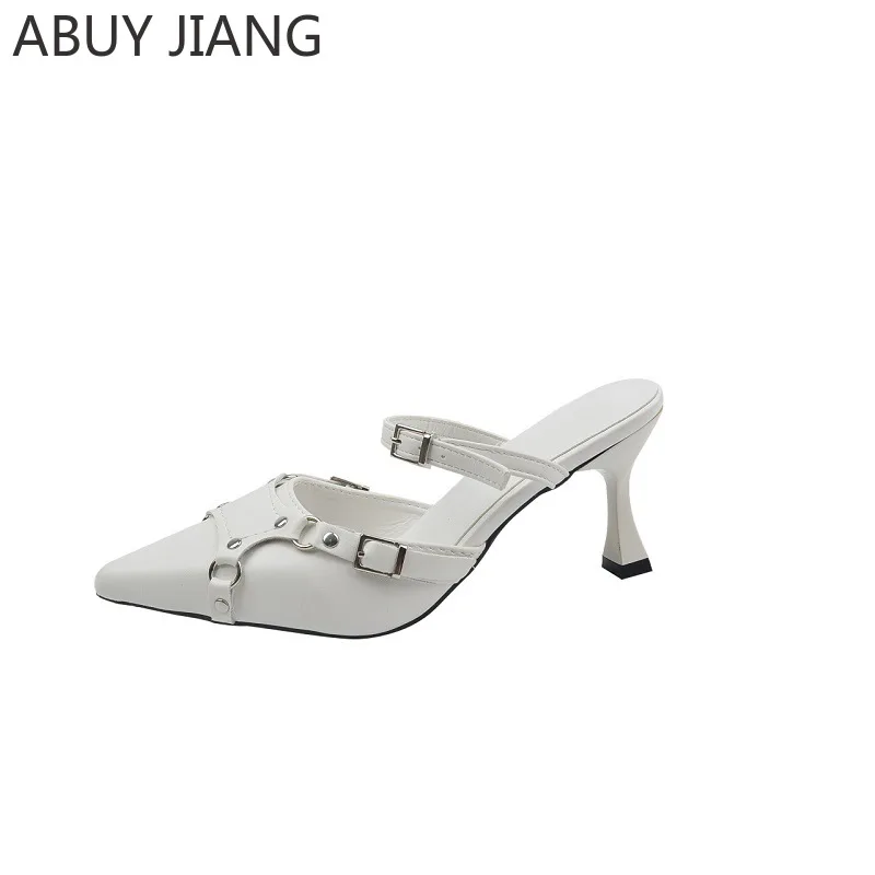 Salto fino de salto alto para mulheres, dedo apontado, saia, chinelos Baotou, novo design de moda, 2024