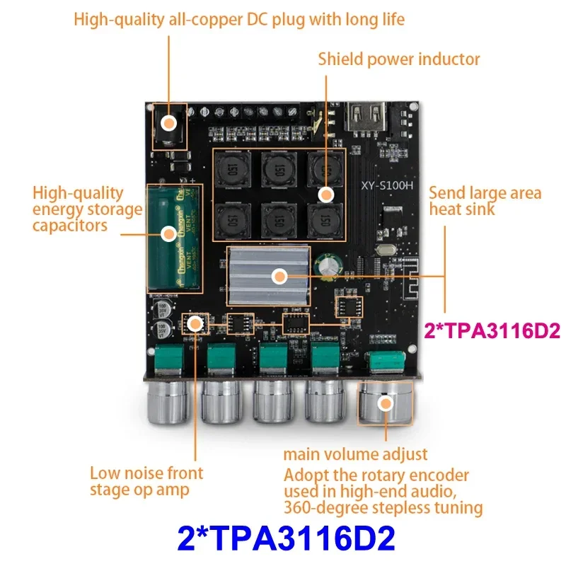 2*50W+100W Equalizer Bluetooth 5.0 TPA3116D2 Power Subwoofer Amplifier Board Class D Home Theater Audio Stereo USB Amp 2.0/2.1