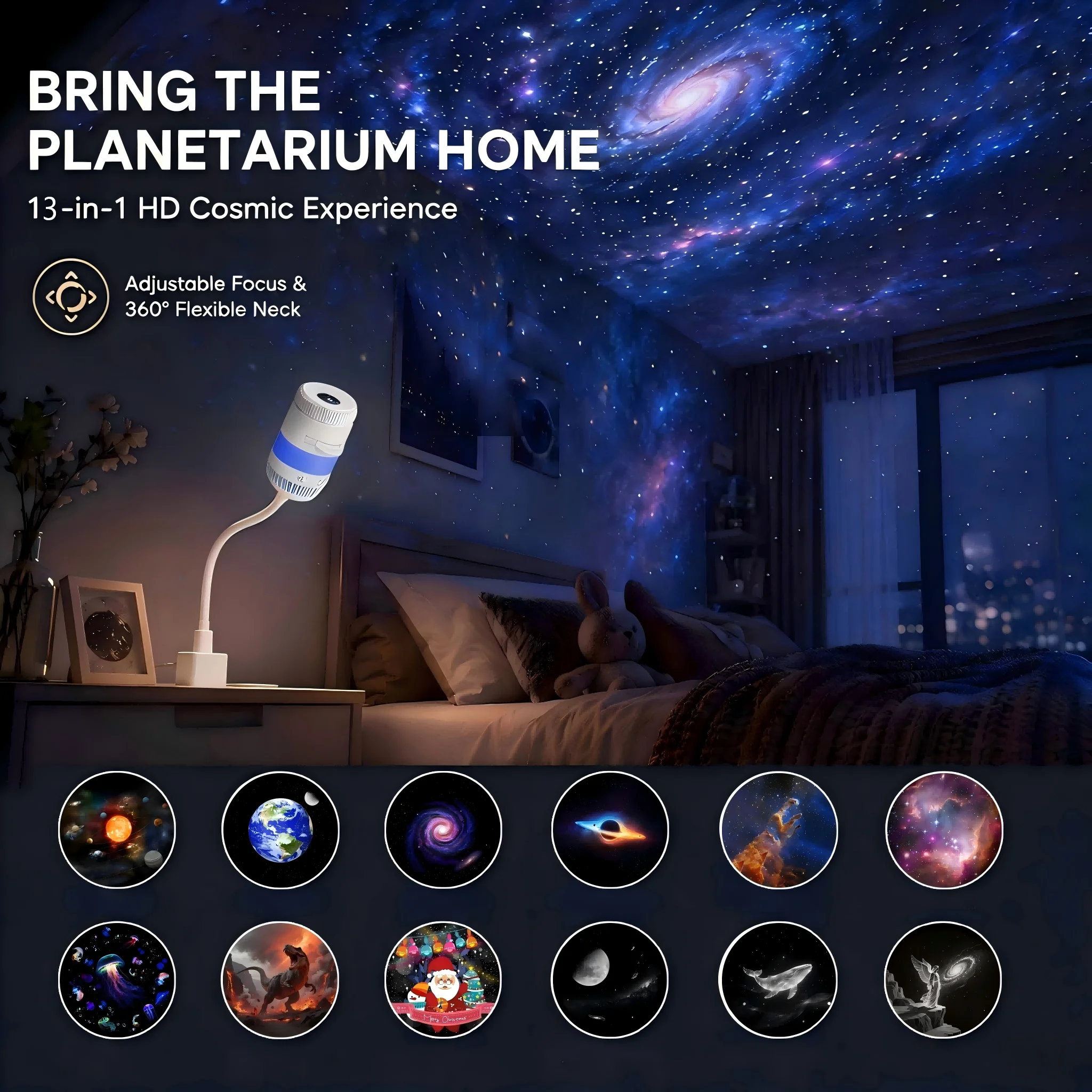 2-in-1 USB Starry Sky Projector, 13 Film Discs & 5 Colors, Flexible Gooseneck, Dimmable, for Bedroom, Car, Christmas Gift Idea