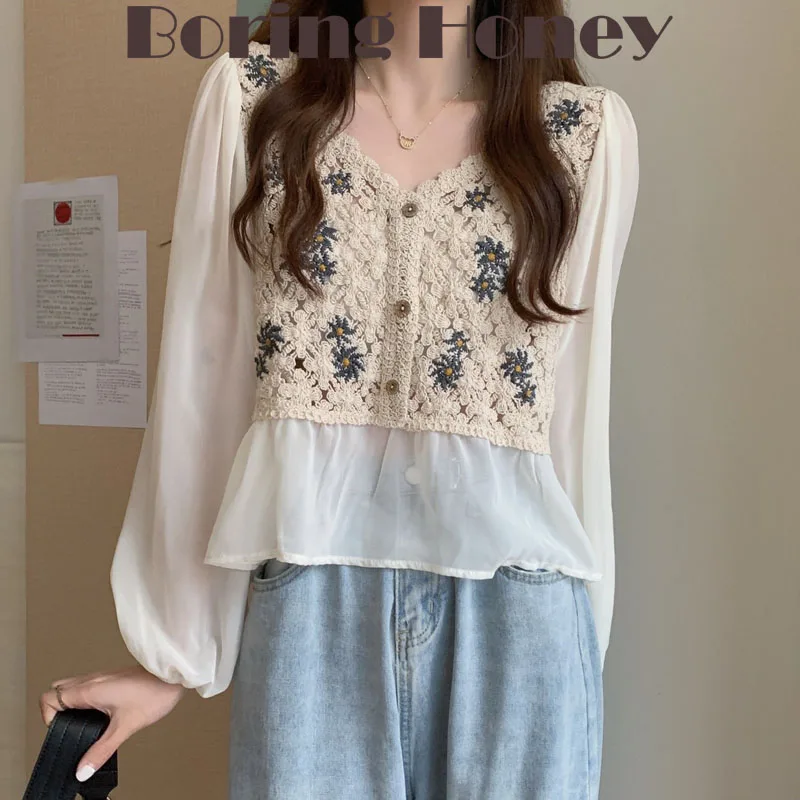 

Boring Honey Join Together Chiffon Sleeve Clothes For Women Retro V-Neck Long Sleeves Embroidery Chic Short Women's T-Shirt
