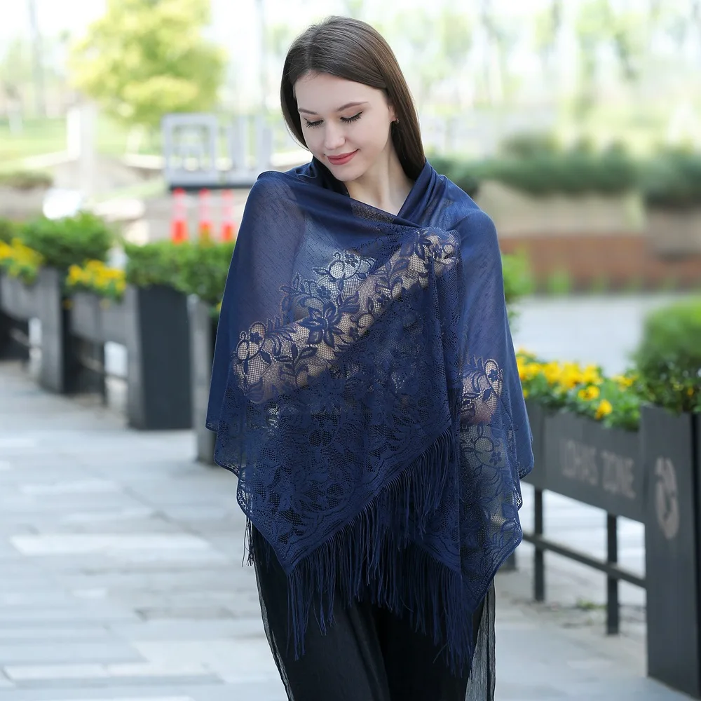 Lady Hollow Out Lace Shawl for Party Women Summer Bikini Scarf Tassel Solid Color Muslim Headscarf Holiday Breathable Beach Wrap