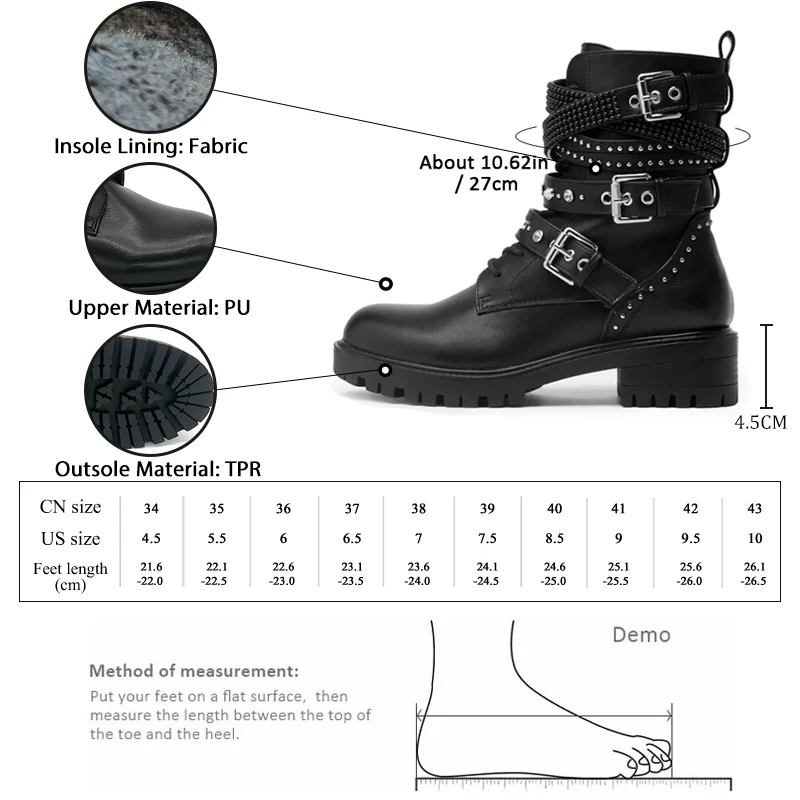 GMQM Fashion Women\'s Ankle Boots New 2024 Lace-Up Round Toe Shoes Punk Gothic Style Buckle Strap Rivet Motorcycle Shoes Black