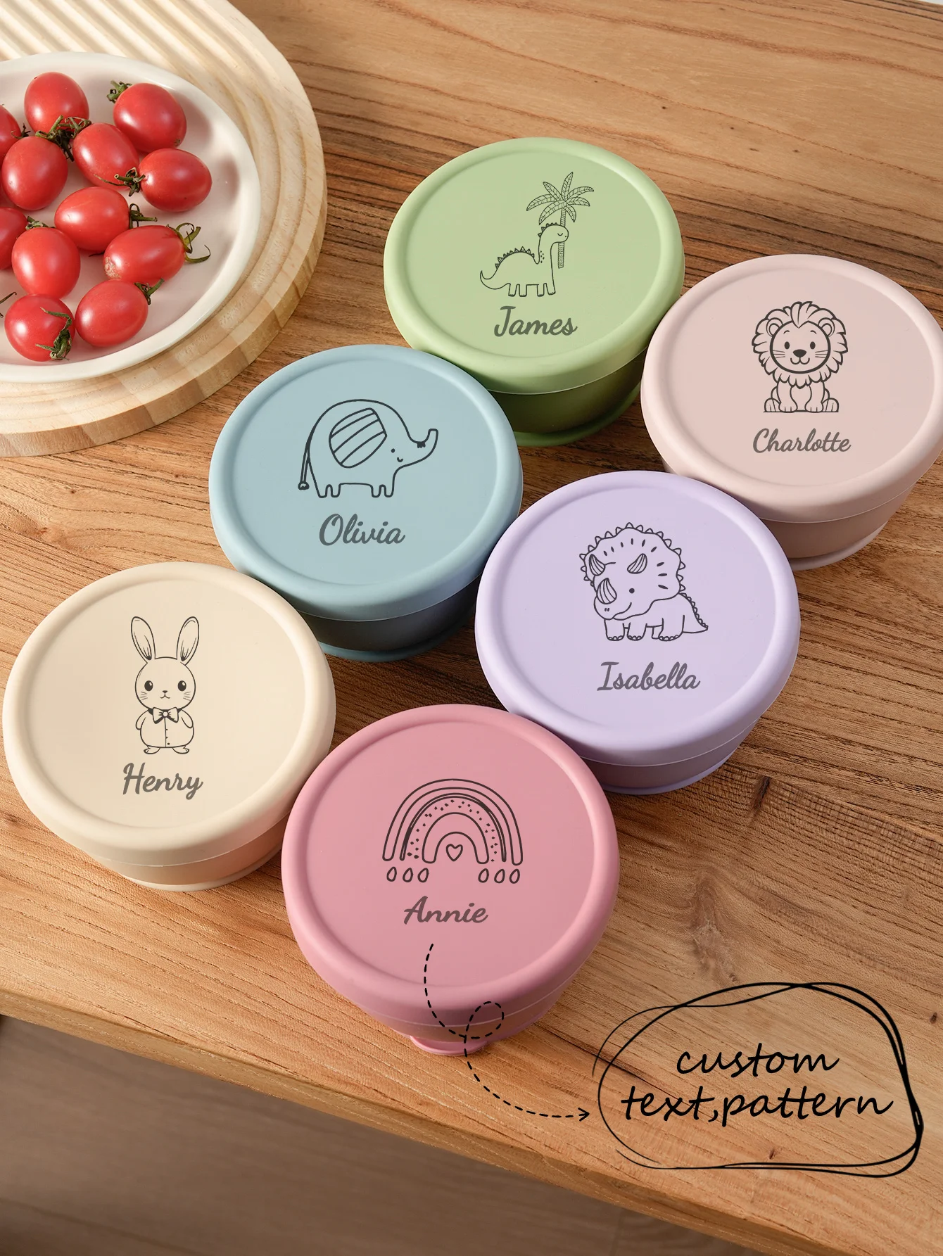 

1 шт. Детская силиконовая тарелка на присоске с индивидуальной гравировкой, без БФА, контейнер для хранения еды с крышкой, ланч-бокс для прикорма малышей