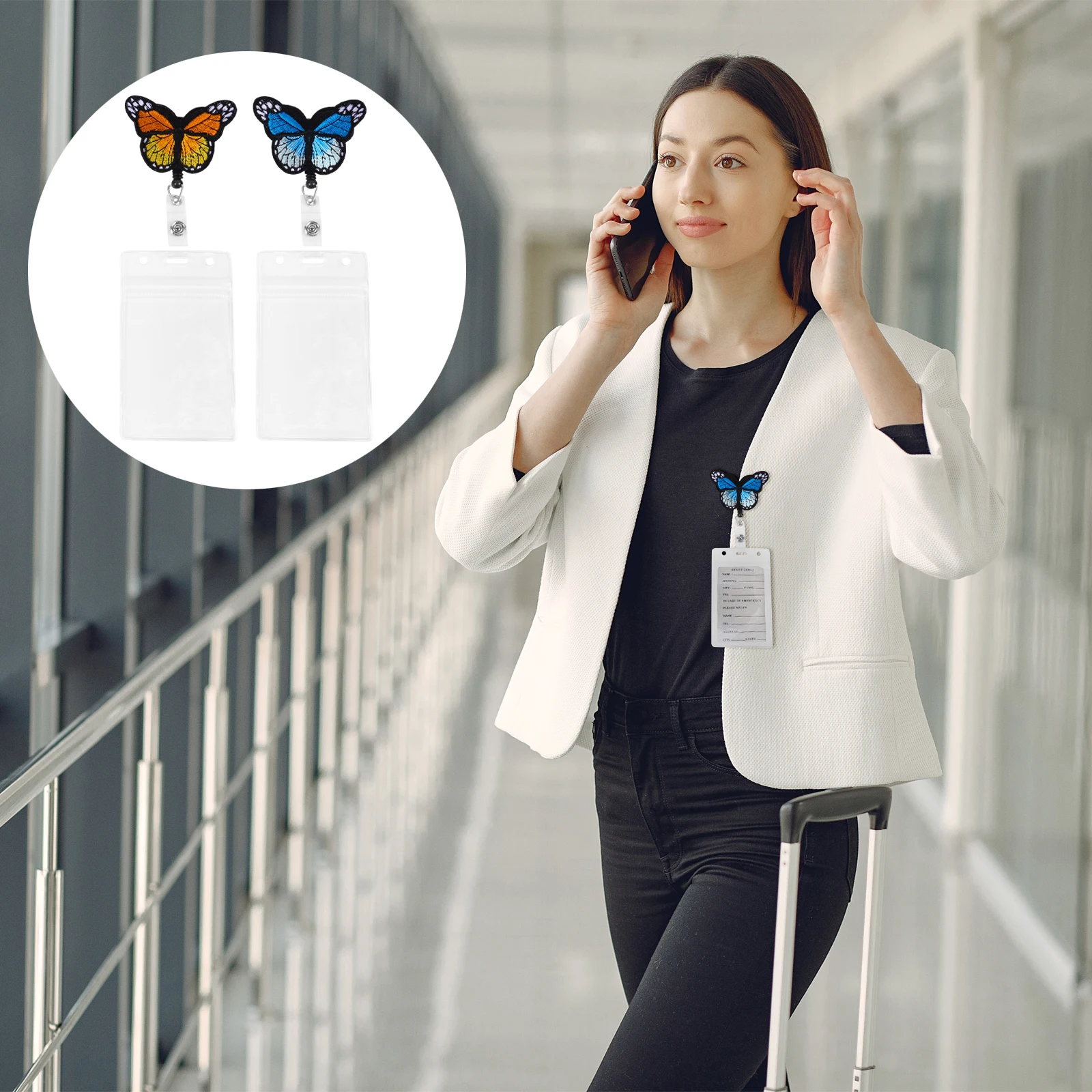Porte-Badge rétractable, 2 ensembles, papillon coloré, déduction d'identification, Mini bobine d'étiquette pour étudiant