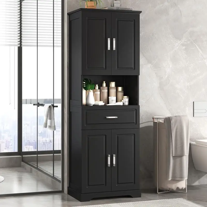 

Tall Bathroom Cabinet, 4 Doors, Large Storage Space, Open Shelves, Upper Storage, Black Finish