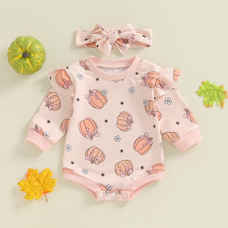 Autumn Baby Sweatshirt Rompers Baby Girl Toddler Halloween Clothes Casual Pumpkin Print Long Sleeve Jumpsuit with Hairband