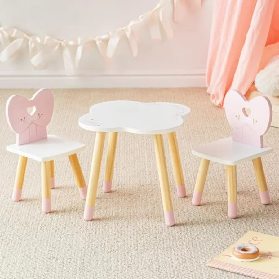 

Pink Wooden Doll Table and 2 Chairs Set with Cloud Heart Design for Pretend Play 18 Inch Doll Dining Furniture in Ballet Style