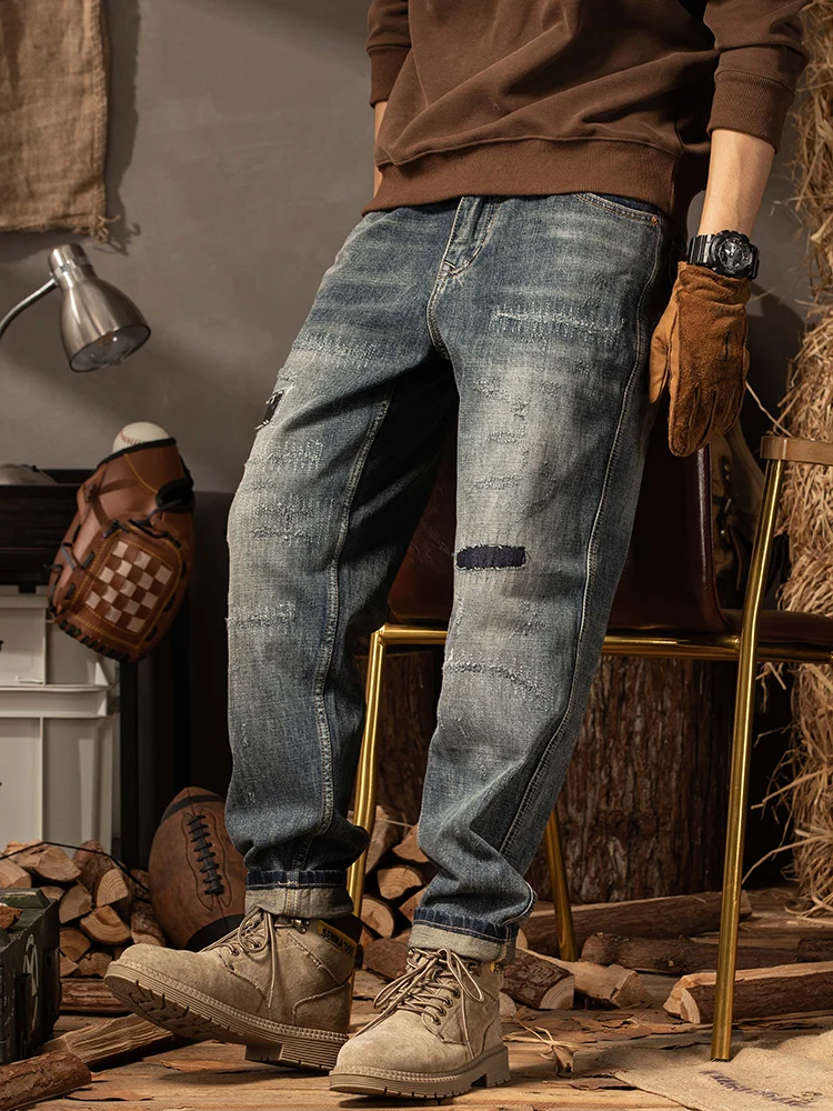 

American Sle Ripped Patch Jeans Men's Loose Straight Casual Autumn Winter Long Pants Trendy Men's Loose Fit Denim Trousers