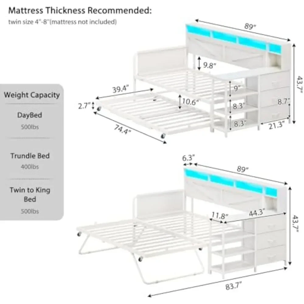 HOT Daybed Twin with Pop Up Trundle, Farmhouse Wooden Day Bed Frame with 3 Storage Drawers and Shelves, Twin to King Daybed