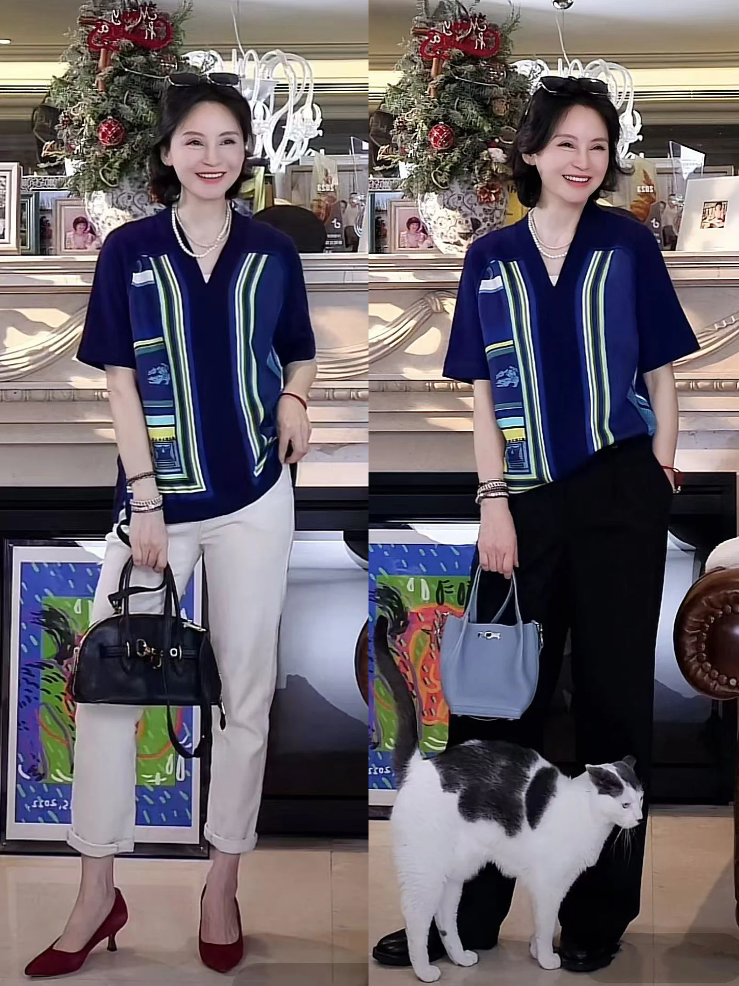 

Early Spring Silk Blend Woolen irt by Baoulan Premium Montrean Artwork Design Loose Fit oulder-Length T-irt for Women