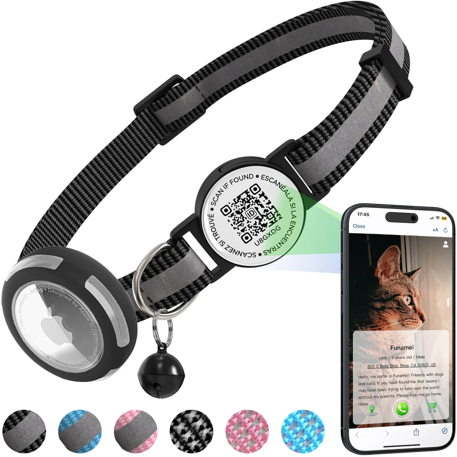 Anti-Verlust-Katzenhalsband mit Airtag-Halterung, abreißbare QR-Code-Tag-Schnalle, verstellbares Kätzchenhalsband mit Apple Air Tag-Hülle