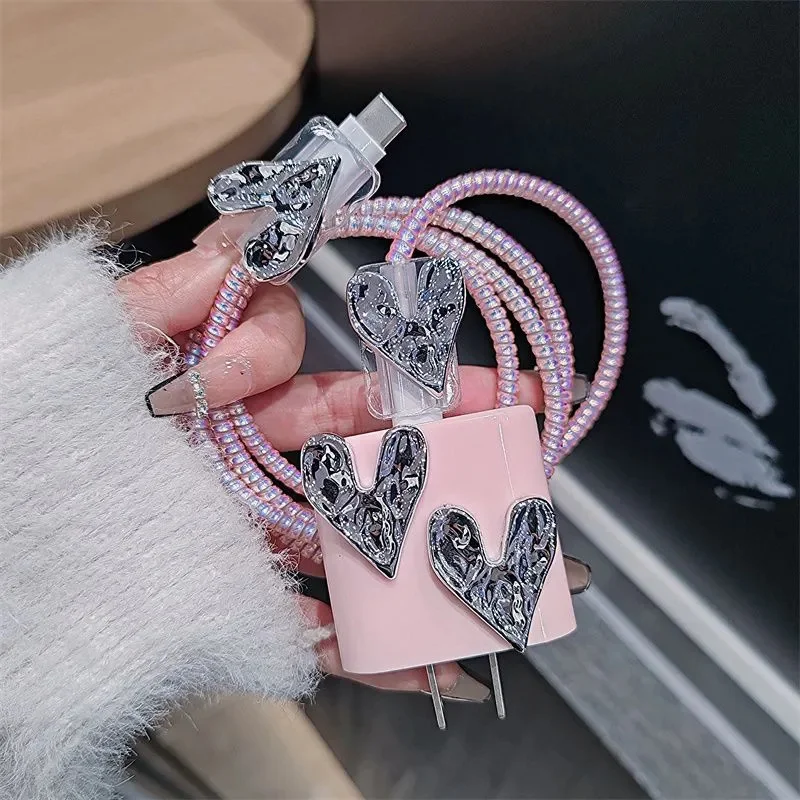 Cute Silver Love Heart Pink Silicone Charger Case For IPhone 11 12 13 14 15 18W-20W Fast Charge Protection Cover Charger Sleeve