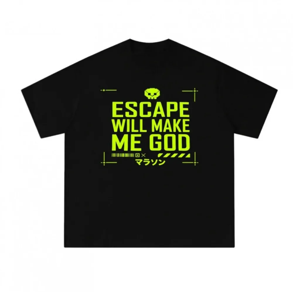 Escape Will Make Me God T Shirt Men Women Cyber Skull Japanese Text Crew Neck Cotton Gaming Tee