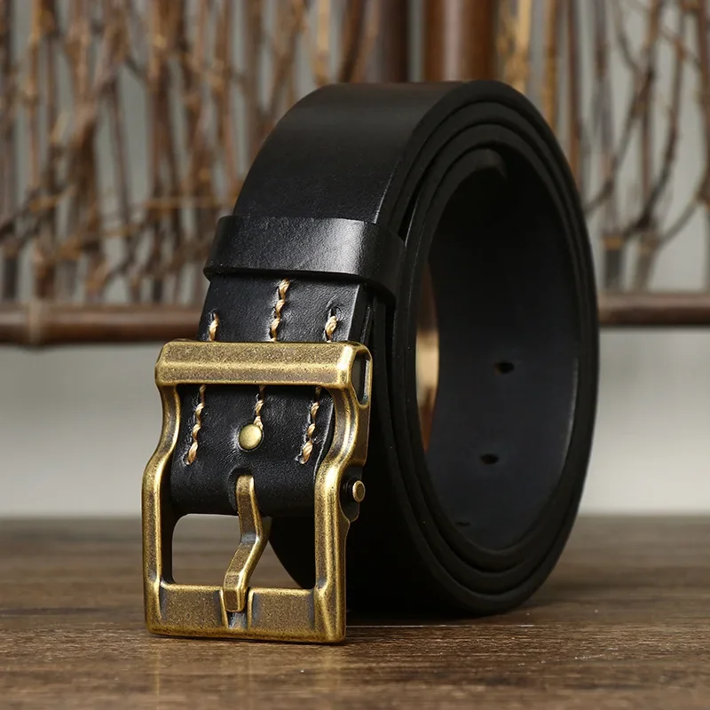 3.8CM Pure Cowhide Handmade Washed Thickened Genuine Leather Belt  Male Brass Buckle Fancy Vintage Jeans Cowboy Strap Belts