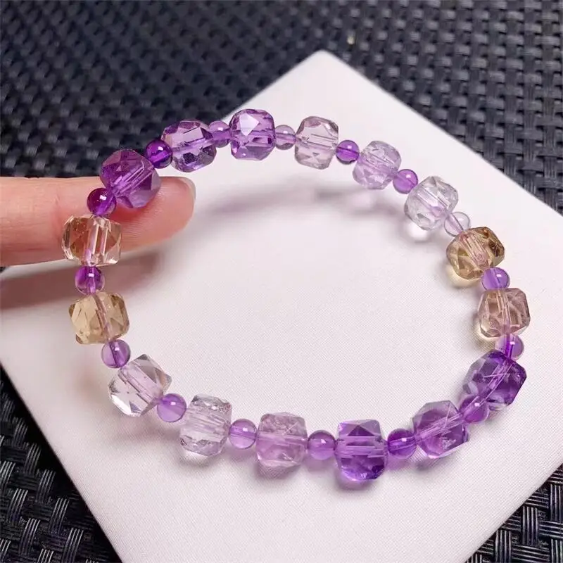 8MM Natural Ametrine Cube Bracelet Women Fashion Stone Elegant Healing Strand Bangles Wristband Gift 1PCS