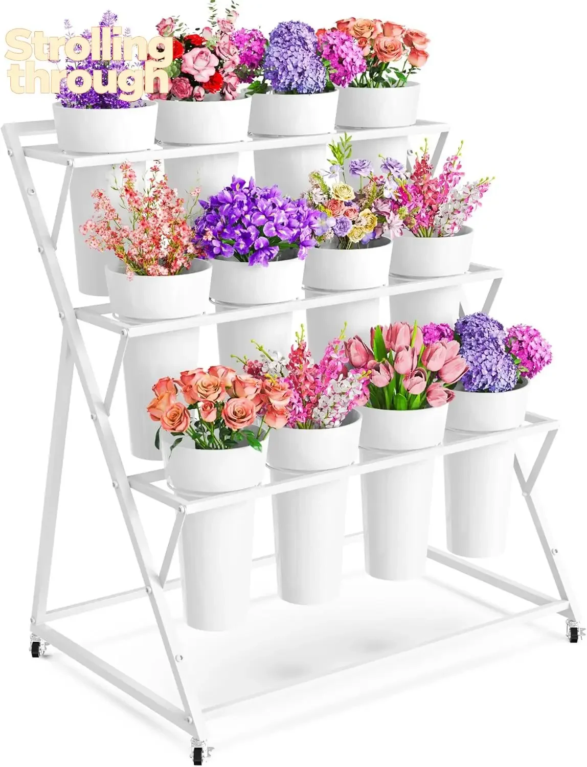 Flower Display Stand with 12 Buckets, White Flower Cart with Wheels 3 Layers Metal Bar Stand Moving