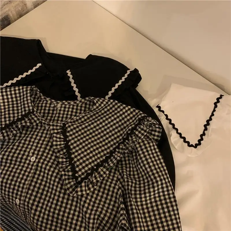 Large Size 6XL Women Blouses Lady Large Size Plaid Peter Pan Collar Tops Long Sleeve Spring Korean Fashion Shirts 150kg