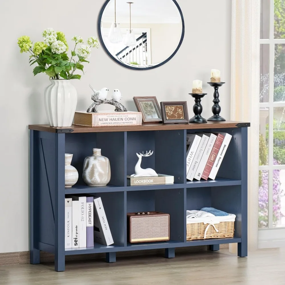 6 Cube Bookcase, Farmhouse Wood Low Storage Organizer Book Shelf, 47" Horizontal Navy Blue Console Bookshelf with Legs, Hallway