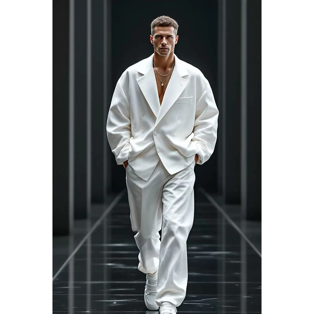 Simple White Single-Breasted Men's Notch Lapel Blazer &Pants 2 Piece Set Loose Fit Office Casual Party Male Clothing Outfits