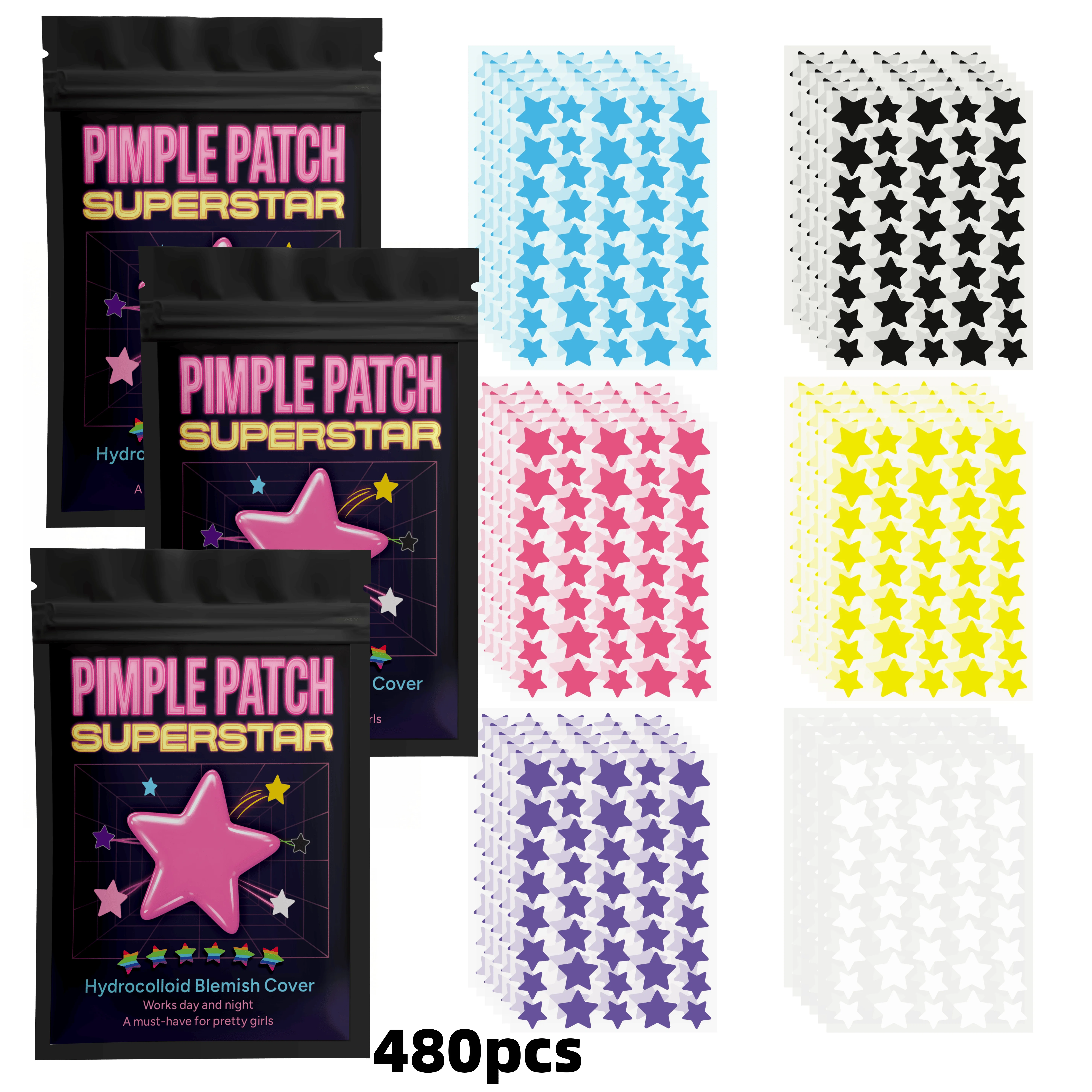 240pcs/480pcs/1400pcs Colorful Star Shaped Hydrocolloid Acne Patches, Cute Decorative Pimple Patches with Waterproof Adhesion