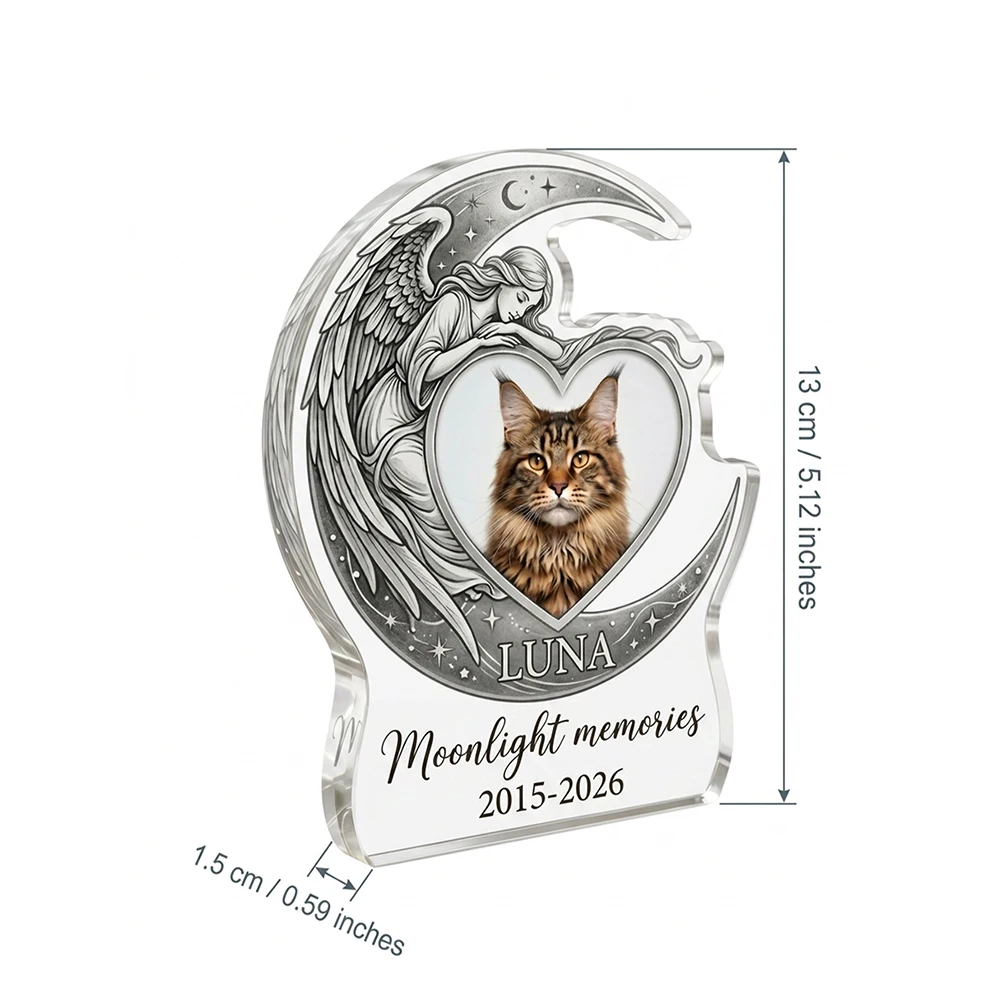 Personalized Custom Pet Memorial Acrylic Plaque,Crescent Moon Heart Angel Design,Tribute Sympathy Gift,Grieving Pet Parents