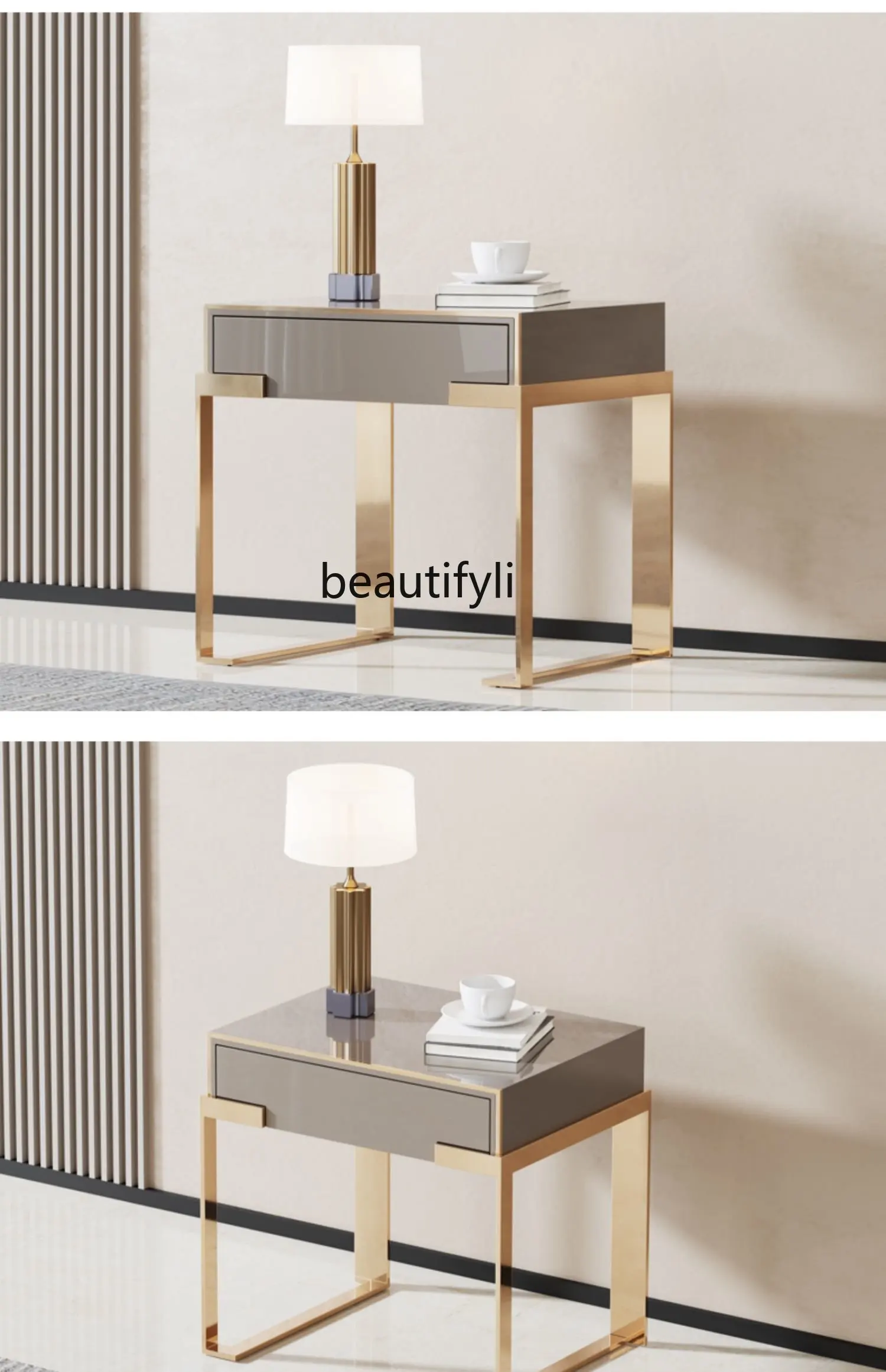 zq Italian-Style Light Luxury Bedside Table Hong Kong-Style Light Luxury Bedside Cabinet Bedroom Storage Cabinet Paint