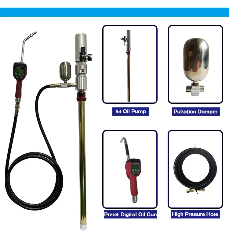 Motor Oil Dispenser Air Operated Pressure Lubricating Transfer Barrel Drum Automatic Oil Filling Pump With Preset Oil Meter Gun